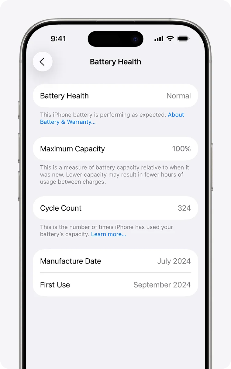 Battery Health ekran na iOS-u 26 (iPhone 16 Pro) — Maximum Capacity 100%, broj ciklusa, datum proizvodnje i datum prve upotrebe baterije
